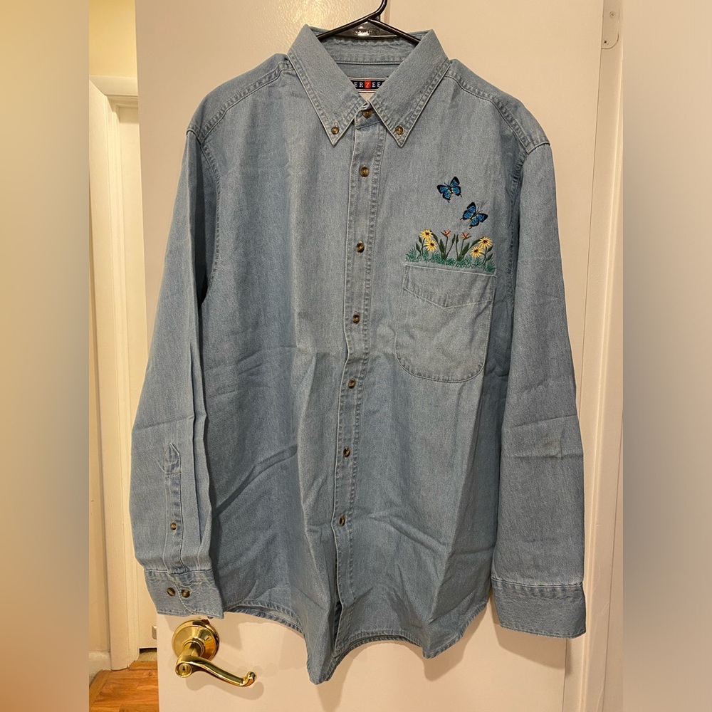 Ladies denim button down embroidered shirt
